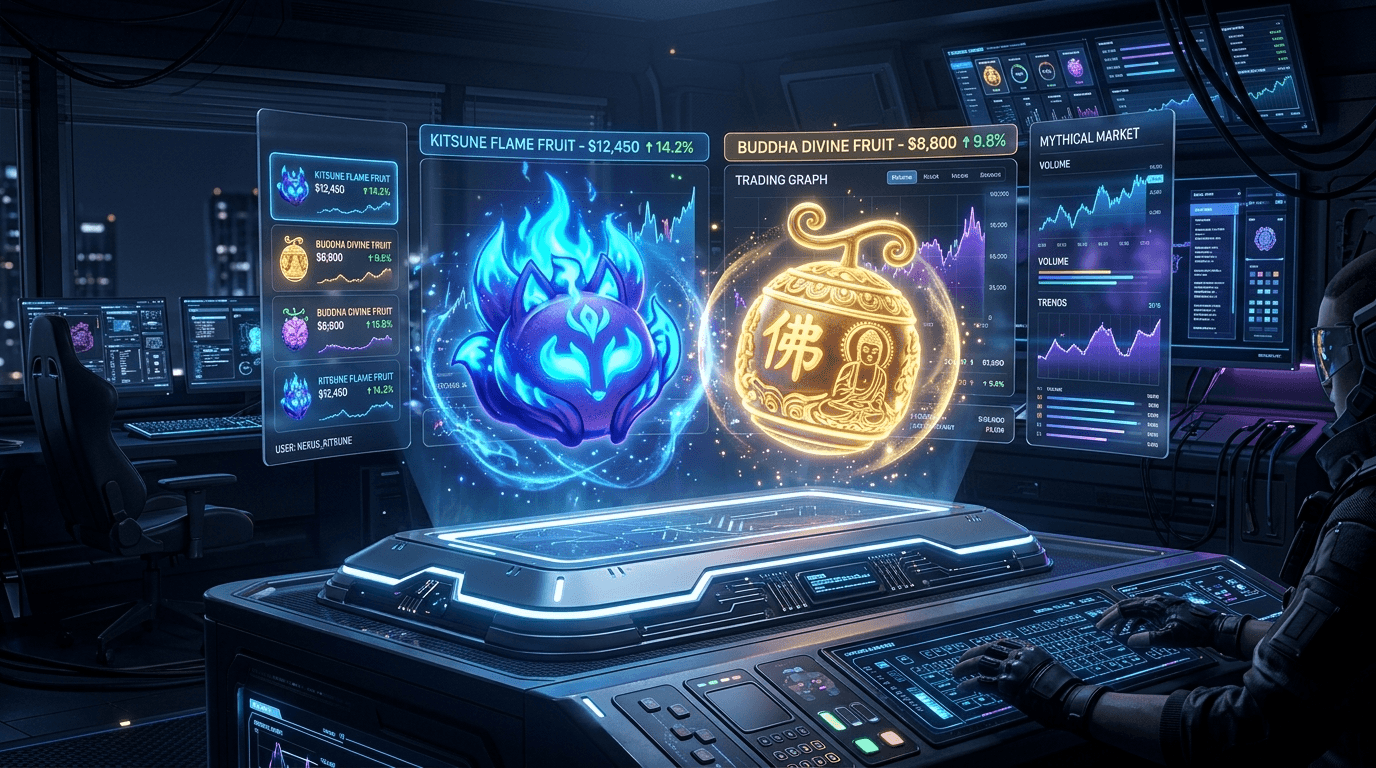 Holographic command hub displaying trade value charts with azure Kitsune and golden Buddha fruits