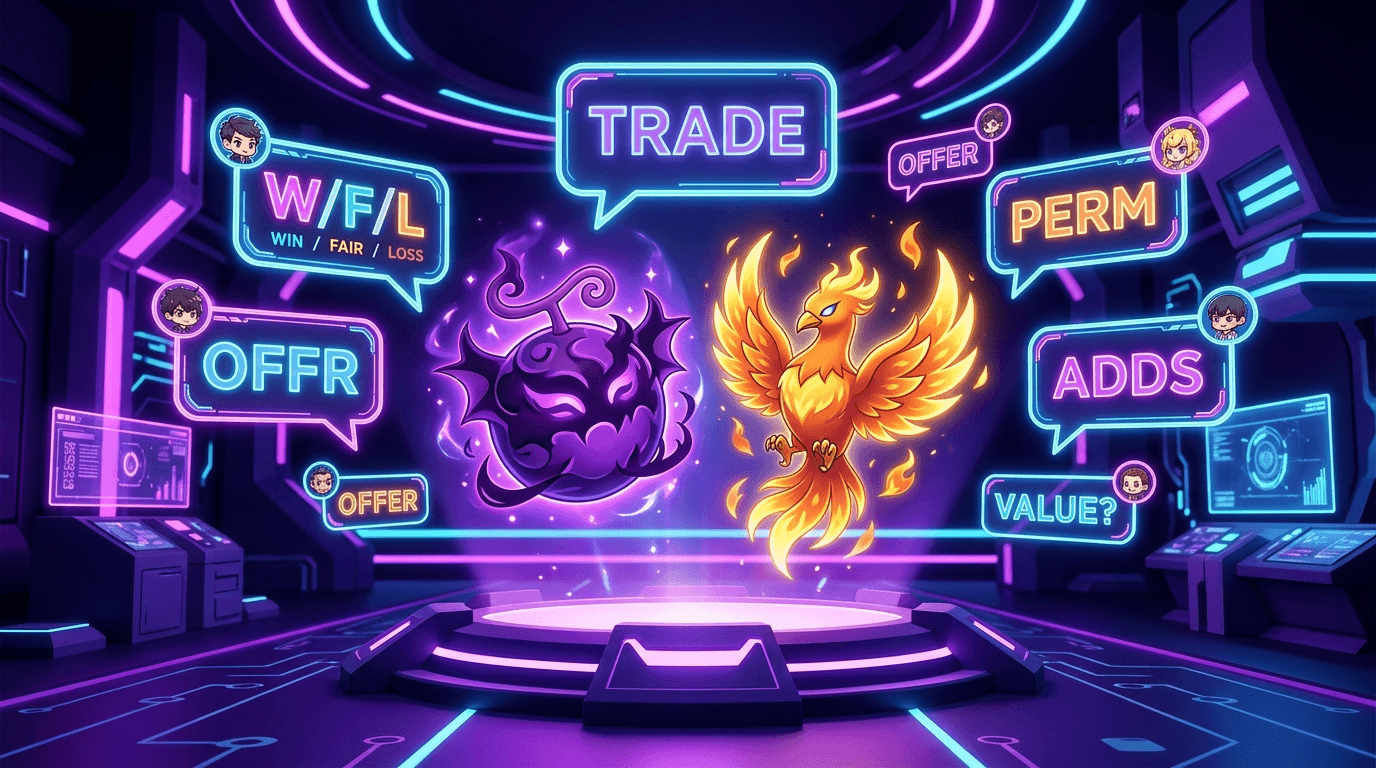Neon holographic trading chat bubbles with WFL, Perm, and Adds around Shadow and Phoenix fruits