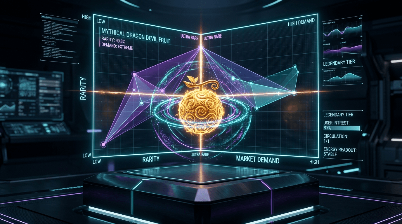 3D holographic coordinate matrix plotting fruit rarity against market demand with a golden Dragon fruit