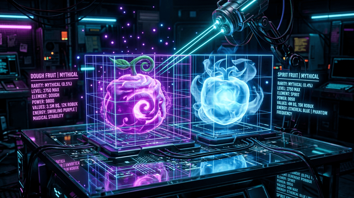 Laser holographic scanner analyzing mythical Dough and Spirit fruits with trade value metrics