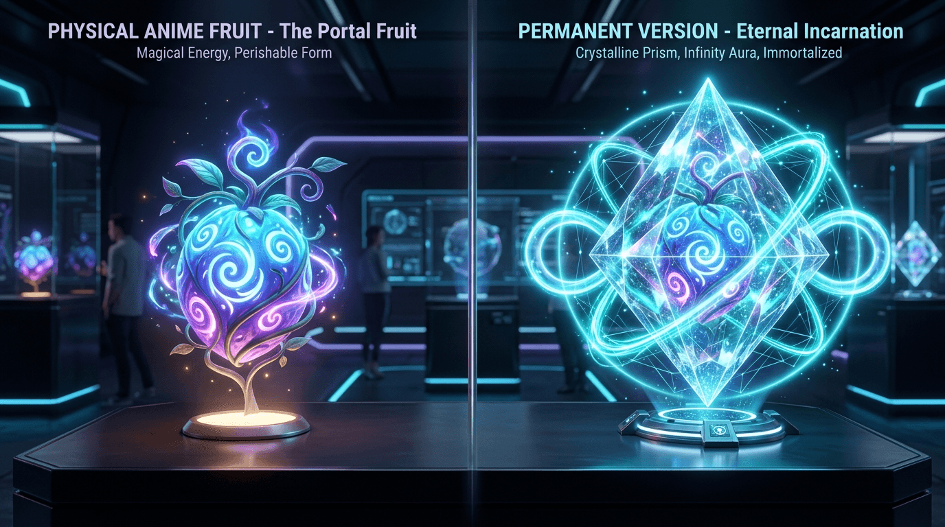 Side-by-side comparison of a physical Portal fruit next to its permanent version in a crystalline diamond prism