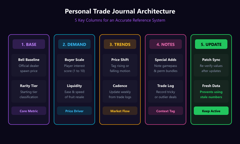 Personal trade journal structure guide showing five organizational pillars