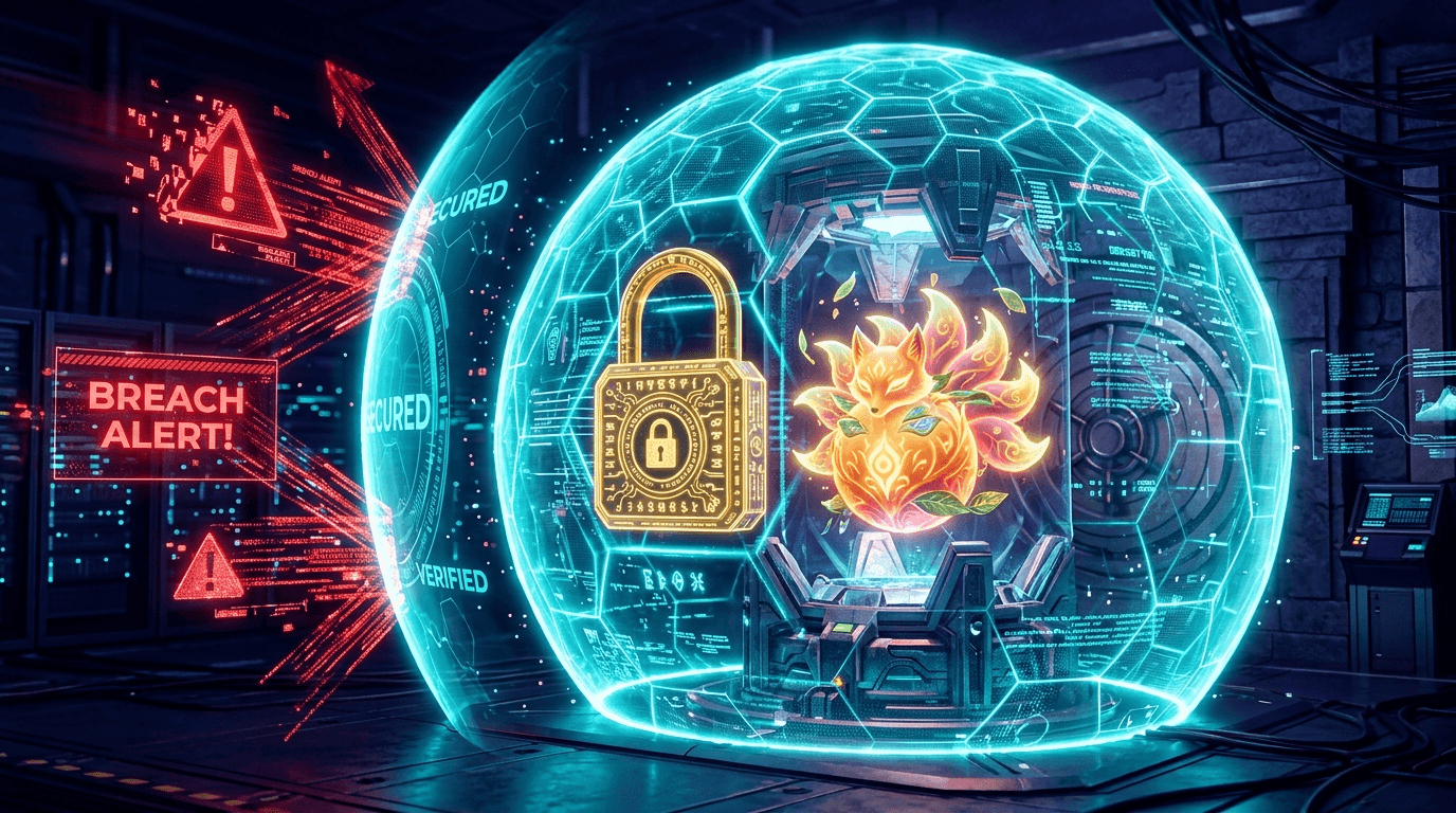 Hexagonal cyber energy shield and digital padlock protecting a mythical Kitsune fruit from scam alerts
