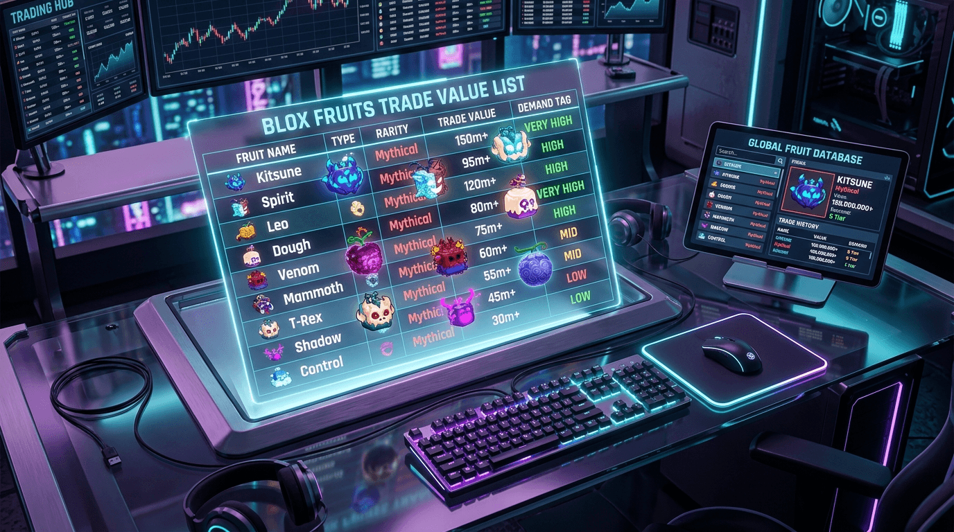 Trader workstation displaying a holographic custom Blox Fruits trade value spreadsheet
