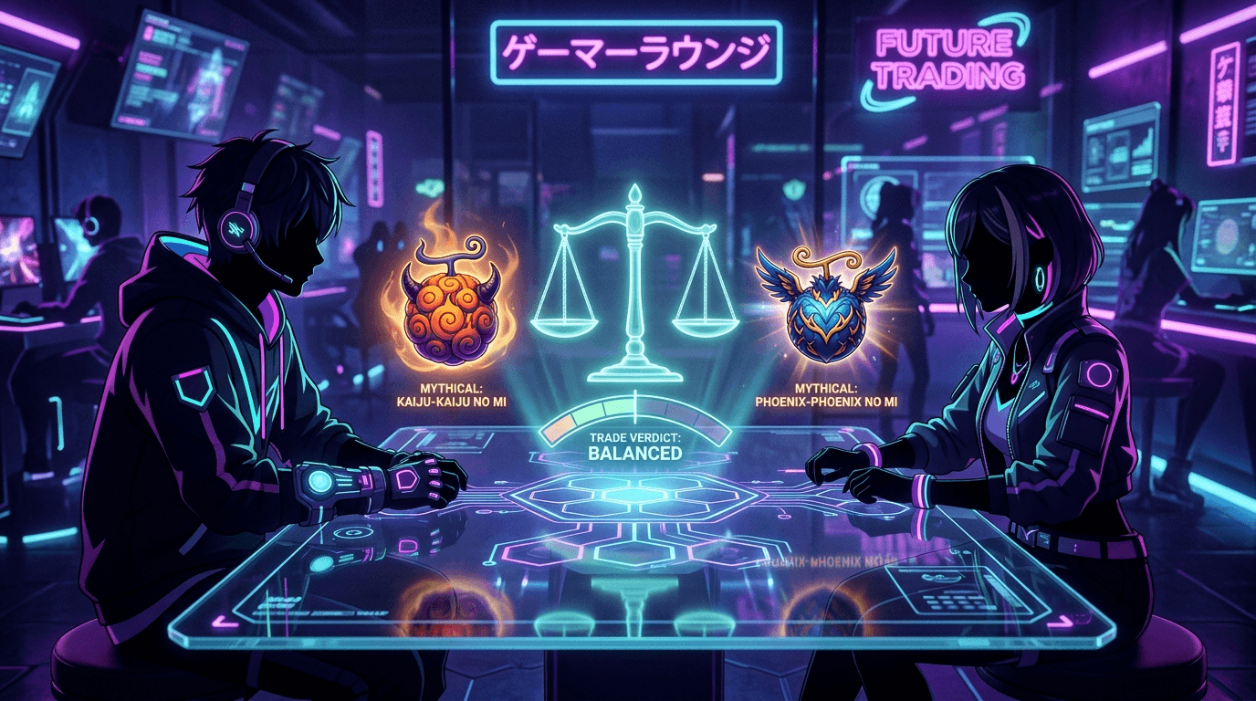 Traders evaluating a balanced trade verdict meter across a high-tech glowing glass table
