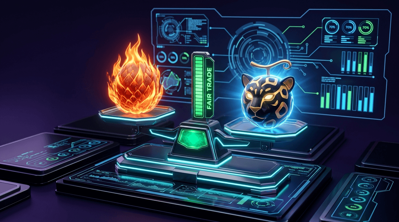 Futuristic digital trading scale balancing glowing Dragon and Leopard fruits with fair trade calculator verdict