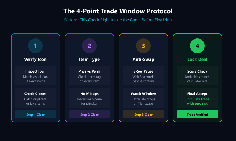 In game trade window safety checklist showing verification steps