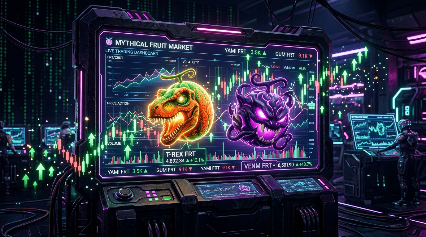 Sci-fi financial market terminal tracking price shifts for T-Rex and Venom fruits